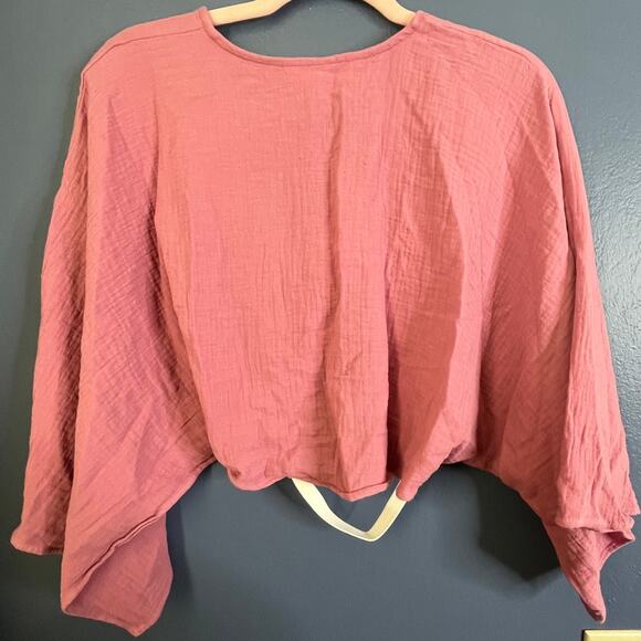 COMMENSE Twist Front Gauze Crop Top Dusty Pink Wide Bell Short Sleeves XS NWT - Picture 3 of 3